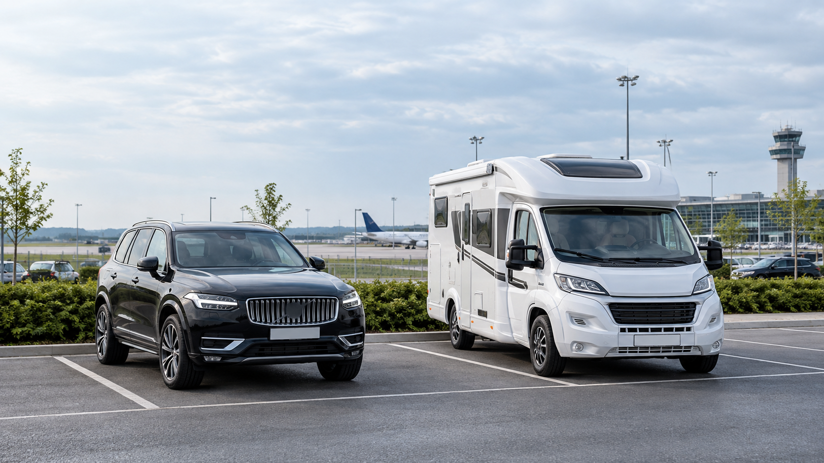 Großer SUV und Wohnmobil auf einem großzügigen, asphaltierten Parkplatz in Flughafennähe