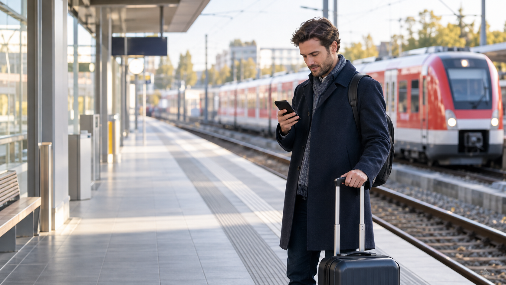 Reisender mit Koffer prüft seine Fahrverbindung auf dem Smartphone an einem S-Bahn-Bahnsteig